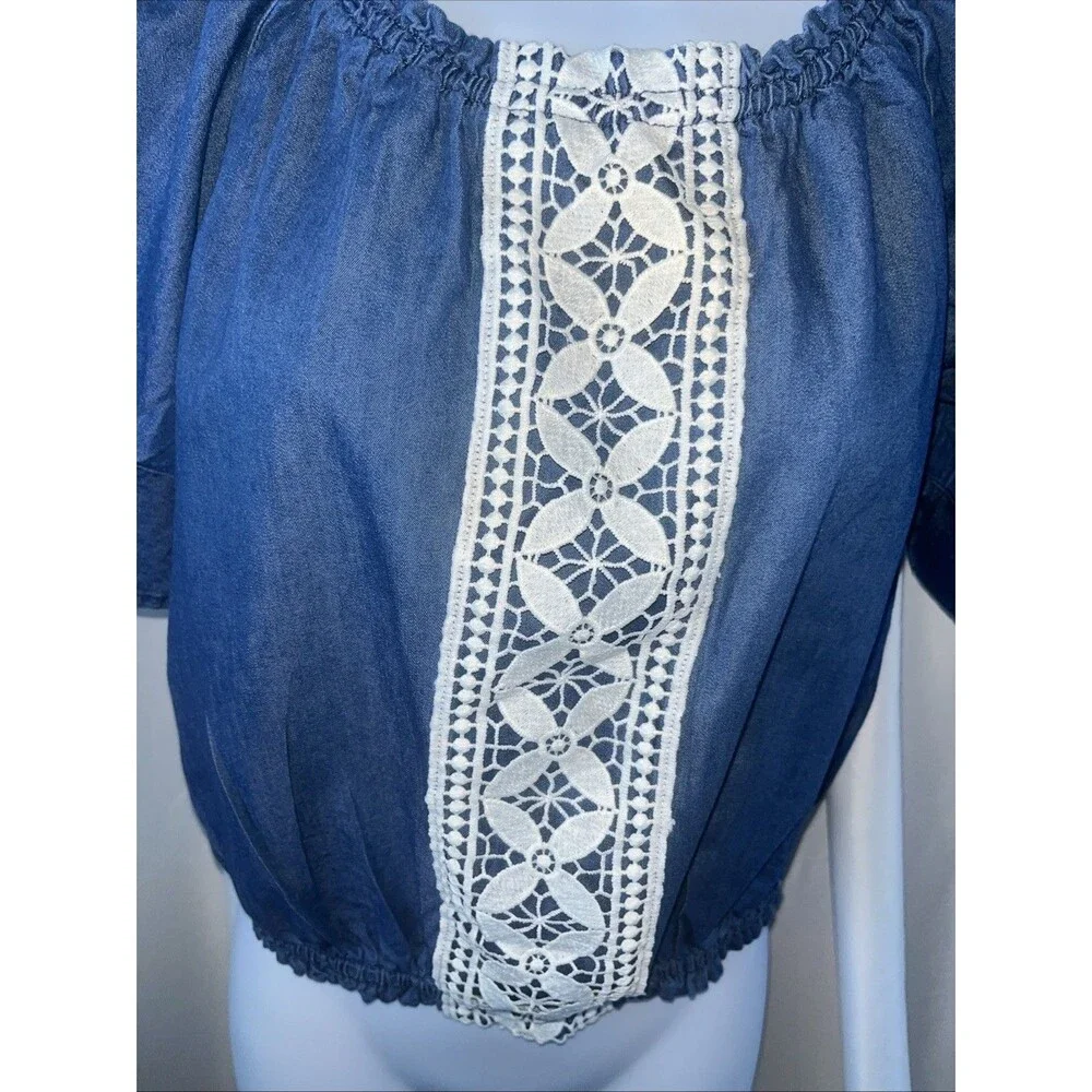 Justice Girls Blue Peasant Crop Top Size 12 Boho Cottagecore Fairycore Festival